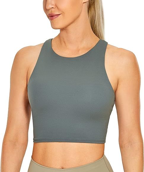 CRZ YOGA Women's High Neck Longline Sports Bra - Padded Racerback Yoga Bra Crop Tank Top with Built  | Amazon (US)