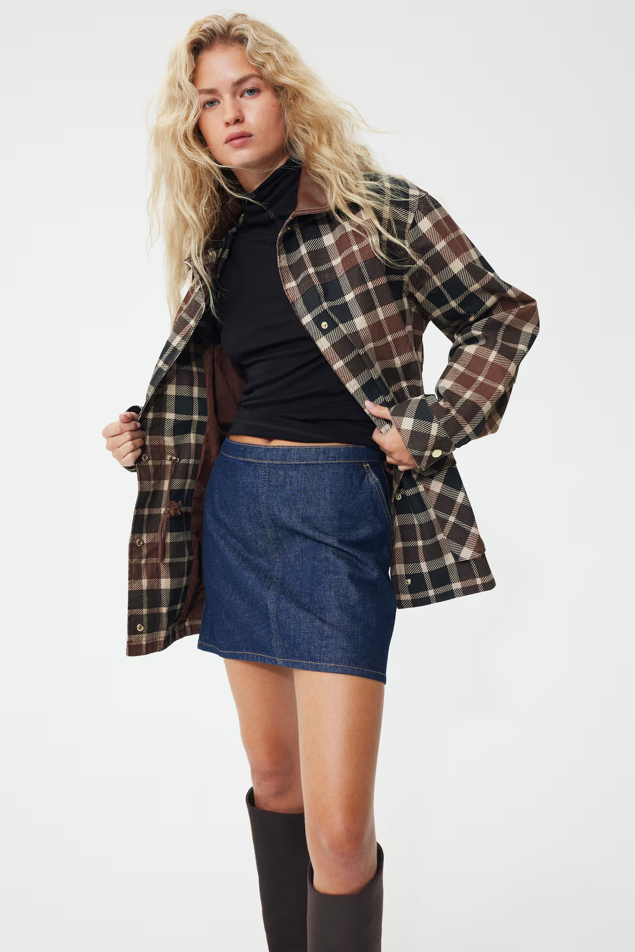 Coated-collar twill jacket - Brown/plaid - Ladies | H&M US | H&M (US + CA)