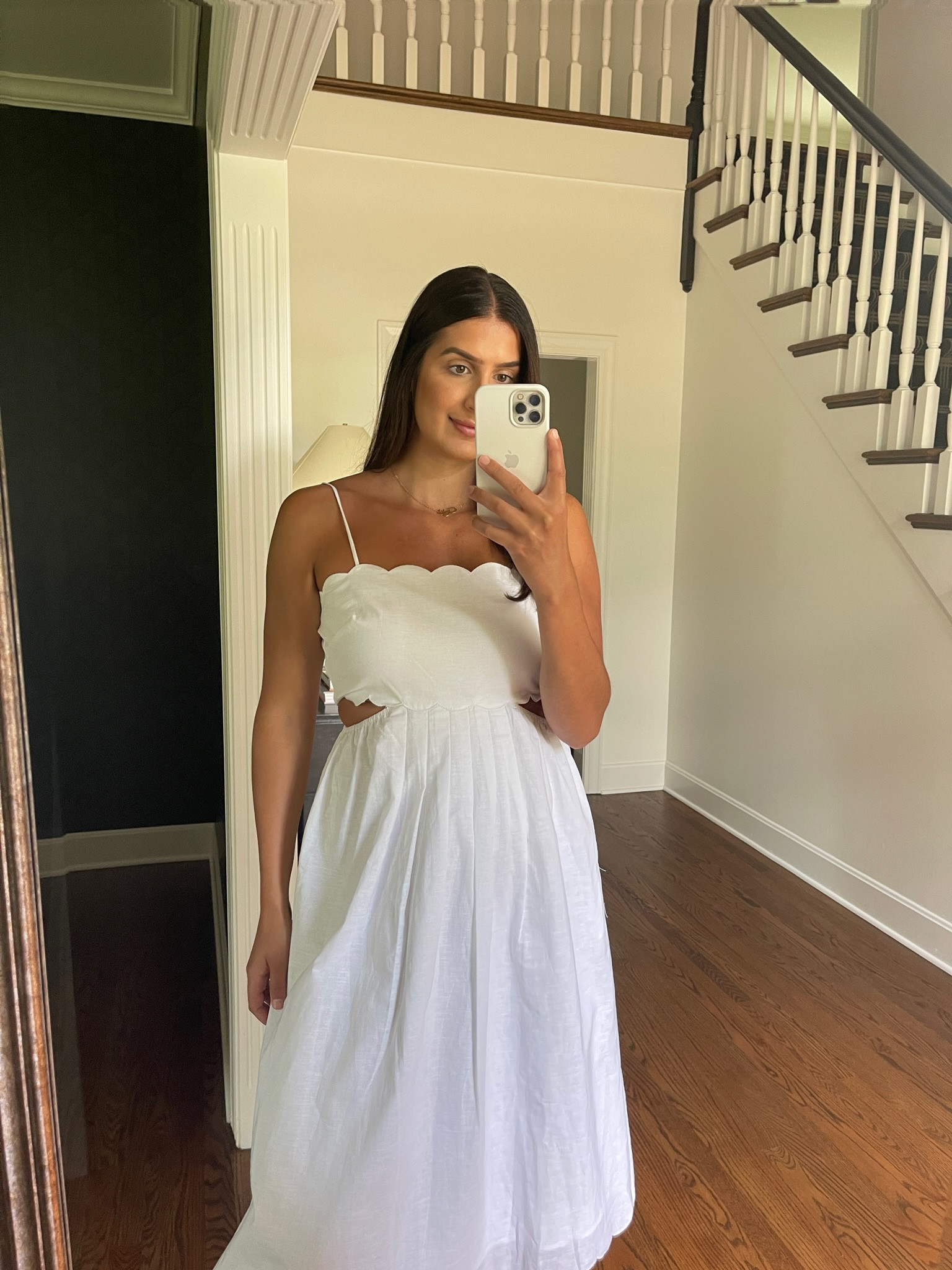 Fall dress inspo - white midi dress - scalloped white dress - scalloped dresses - preppy fashion - cute midi dress - fall outfit - fall dresses - styling tips - OOTD

#LTKstyletip #LTKfindsunder50 #LTKfindsunder100