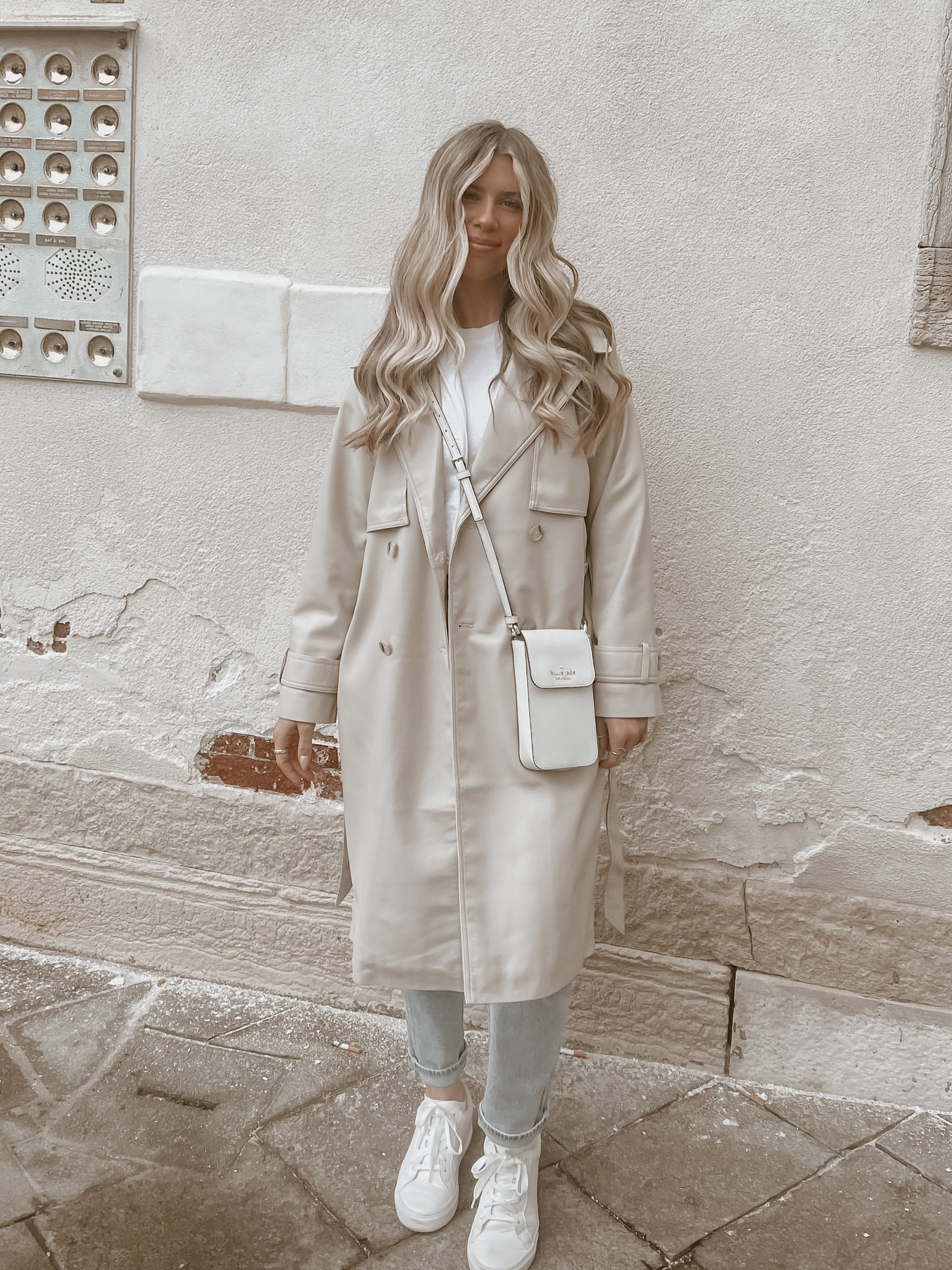 Wearing the perfect vegan leather trench coat for spring / rainy days — runs TTS. (wearing a small regular) ✨

These sneakers were so comfortable and perfect for walking around cobble stones / cute with dresses too! (TTS, wearing a 7.5)

These ultra high rise denim mom jeans from Hollister are my new favorites, they never stretch out no matter how many times I sit! (I’m usually a 4 or 5. I have these in size 27S) 

Cell phone crossbody is Kate Spade - linking a similar one! 

#ltkfit #ltkstyletip #spring #springoutfits #abercrombie #hollister #target #katespade #casualoutfits #casualwear #travelfits #italy #traveloutfits

#LTKtravel #LTKstyletip #LTKFind