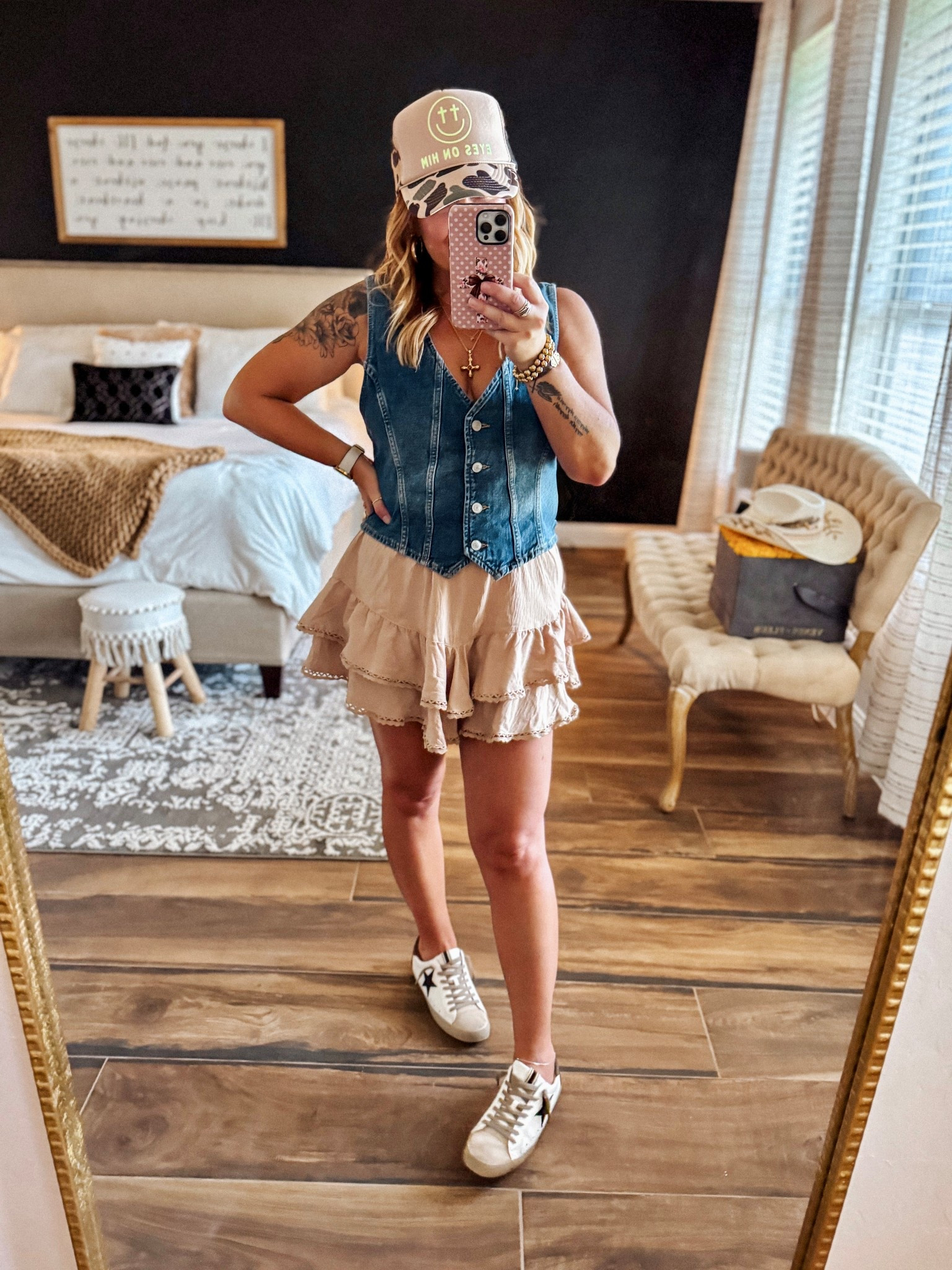 OOTD in this free people denim vest + Amazon ruffled skort 💙🤎 

#LTKOver40 #LTKSummerEdit #LTKFindsUnder50