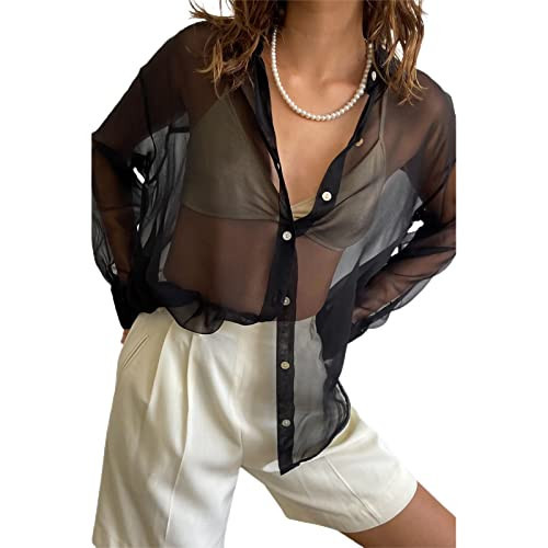 Women’s Sheer Button Up Shirt Y2K Long Sleeve Lapel V Neck Mesh Top Vintage See Through Basic Blouse Streetwear(A-Black, S) | Amazon (US)