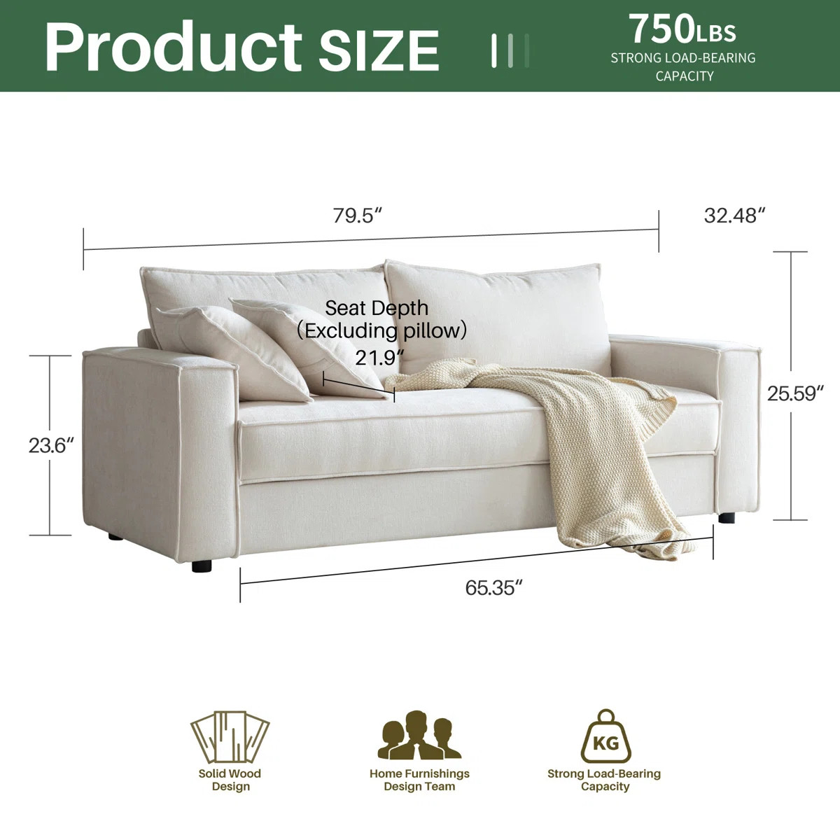 Alcantara 3-Seater 79.5'' Modern Upholstered Sofa with Square Armrests and 2 Throw Pillows | Wayfair North America