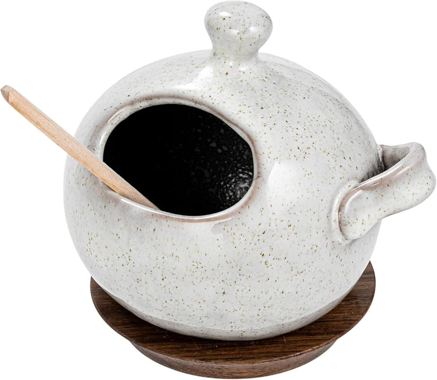 Bloomingville Stoneware Salt Jar with Wood Spoon and Coaster, Cream, Small, Multi | Amazon (US)