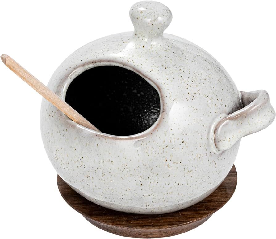 Bloomingville Stoneware Salt Jar with Wood Spoon and Coaster, Cream, Small, Multi | Amazon (US)