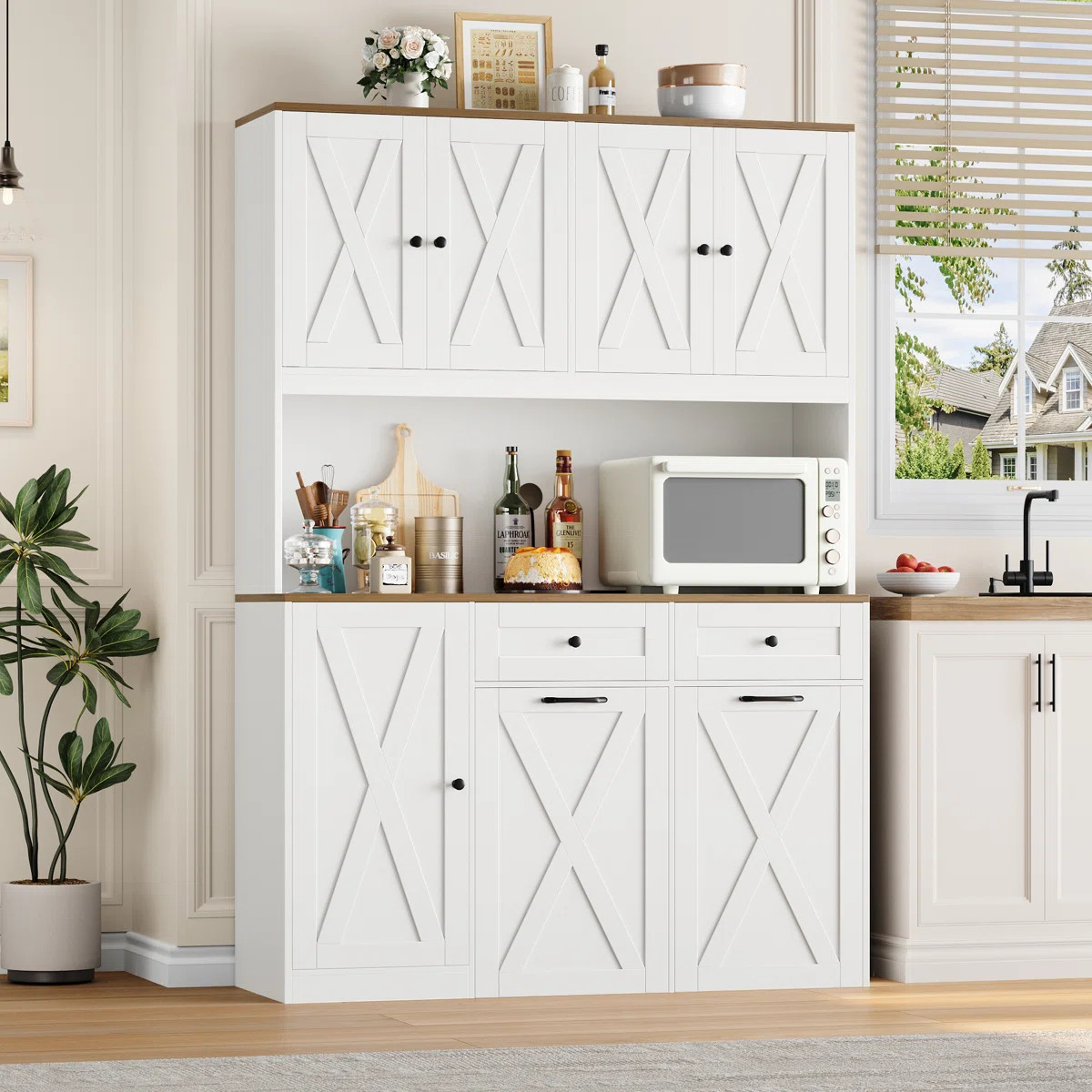 Large Capacity Push-Pull Trash Can Cabinet With Microwave Shelf,Free Standing Kitchen Storage Cab... | Wayfair North America