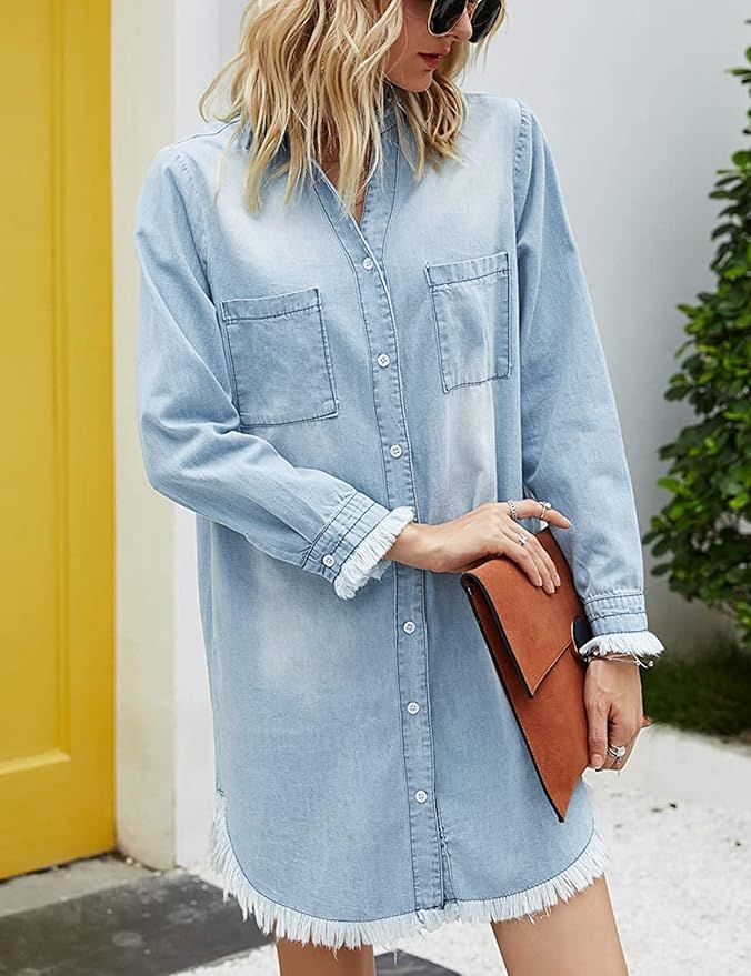 Women Denim Shirt Dresses Long Sleeve Distressed Jean Dress Button Down Casual Tunic Top | Amazon (US)