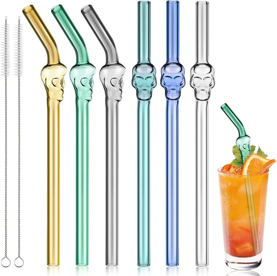 6 Pcs Skull Glass Straw Reusable Glass Straws Shatter Resistant with 2 Cleaning Brushes Multicolo... | Amazon (US)