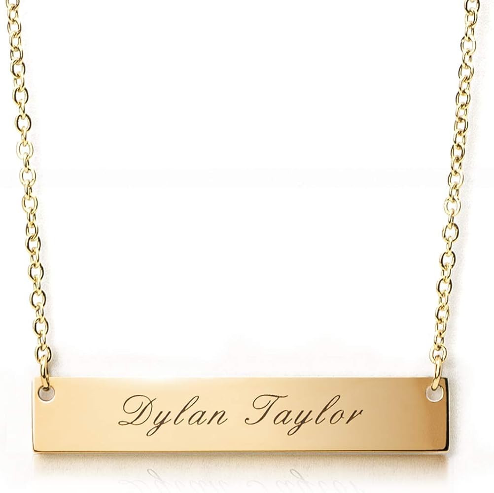 Amazon.com: Caramel Sweet Life Personalized Stainless Steel Bar Necklace (Golden) | Custom Name And Text, Horizontal Bar Design, 5 Color Options, Adjustable Chain, Meaningful Everyday Jewelry: Clothing, Shoes & Jewelry | Amazon (US)