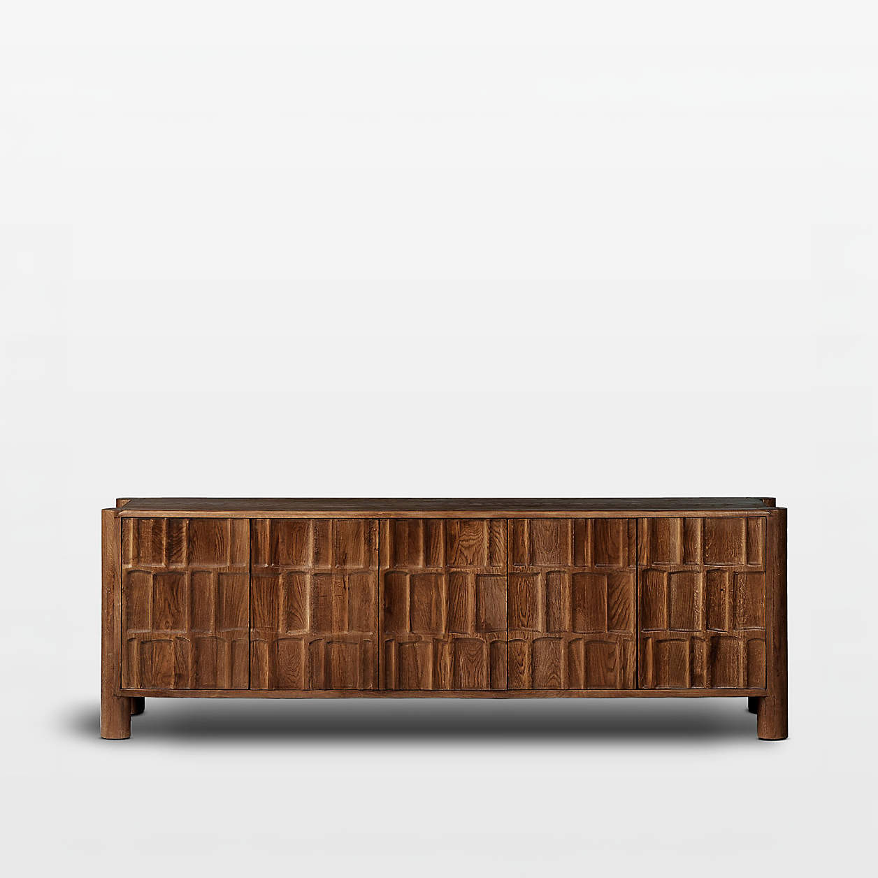 Ezri 82" Brown Carved Oak Wood Storage Media Console + Reviews | Crate & Barrel | Crate & Barrel