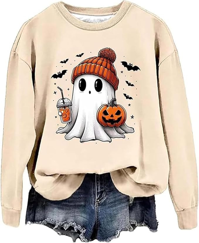 Ghost Sweatshirts for Women 2024 Halloween Sweater Cute Graphic Pullover Oversized Sweatshirt Tre... | Amazon (CA)