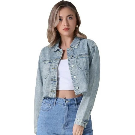 Unique Bargains Women s Cropped Washed Lightweight Frayed Hem Denim Jacket S Light Blue | Walmart (US)