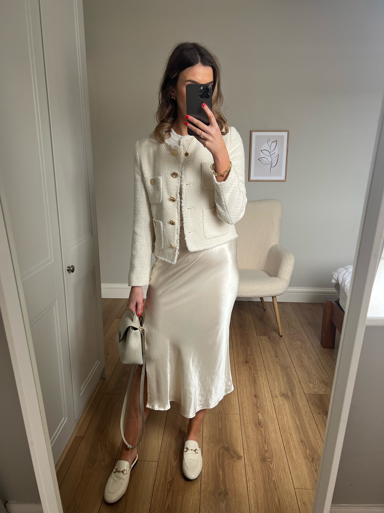 Little white jacket and satin skirt outfit 

Neutral outfit, neutral style, neutral fashion 

#LTKstyletip #LTKeurope #LTKunder100