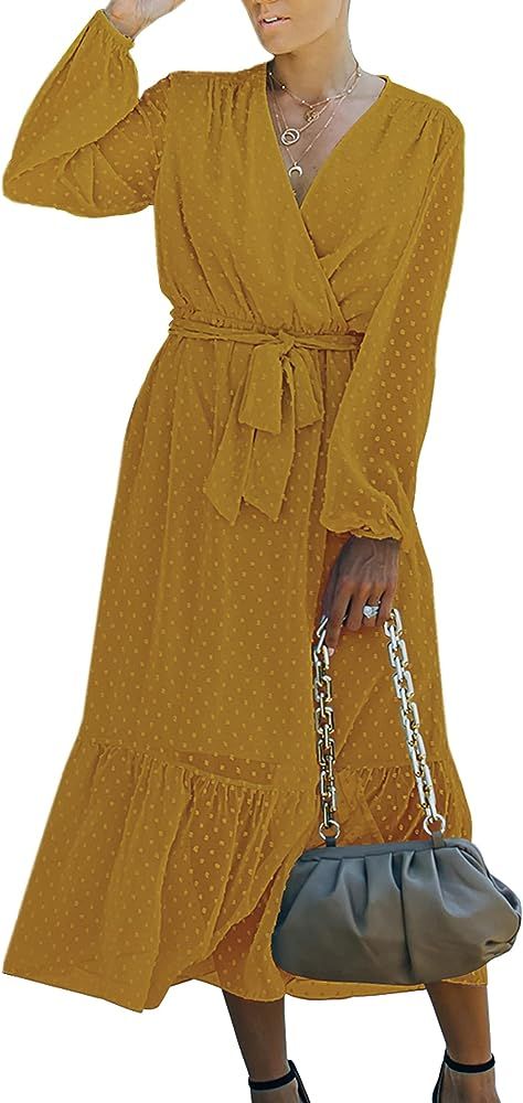 Angashion Women’s Dresses Short Sleeve Wrap V Neck Ruffle Floral Printed Midi Dress with Belt | Amazon (US)