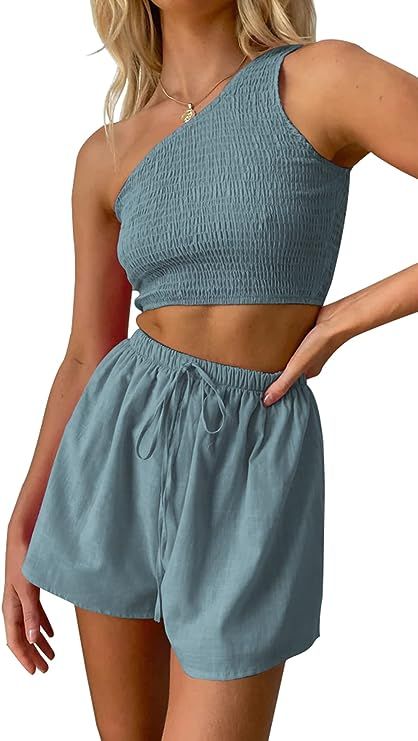 PRETTYGARDEN Women's 2 Piece Summer Outfits Casual One Shoulder Crop Top and High Waisted Shorts ... | Amazon (US)