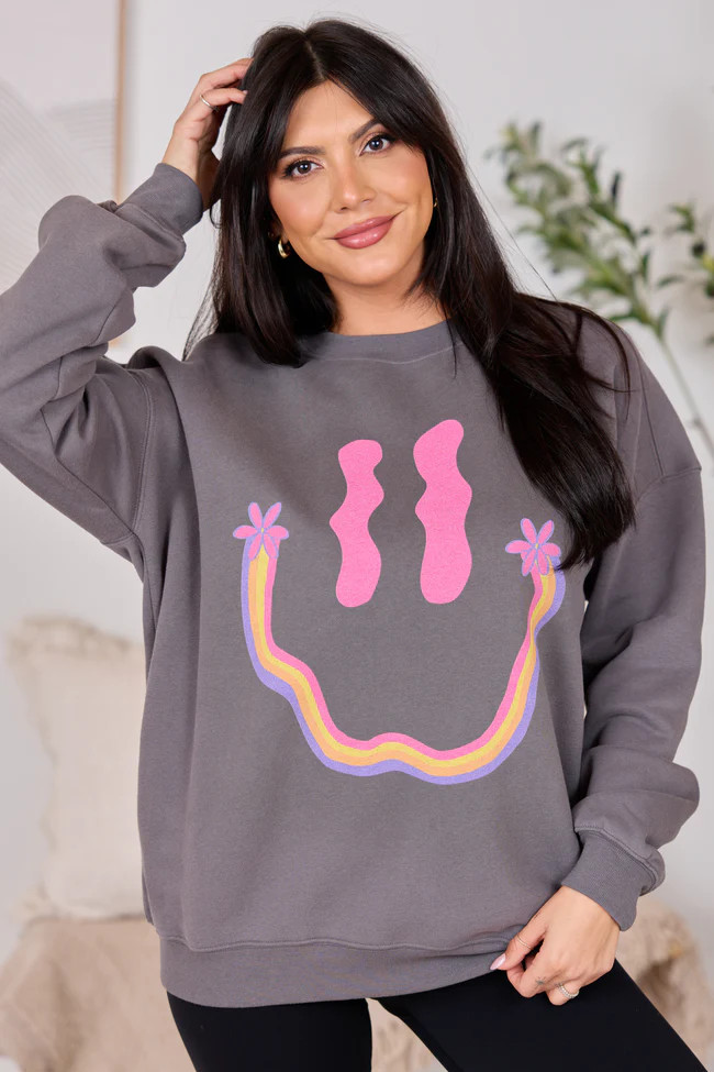 Retro Smiley Dark Grey Graphic Sweatshirt SALE | Pink Lily