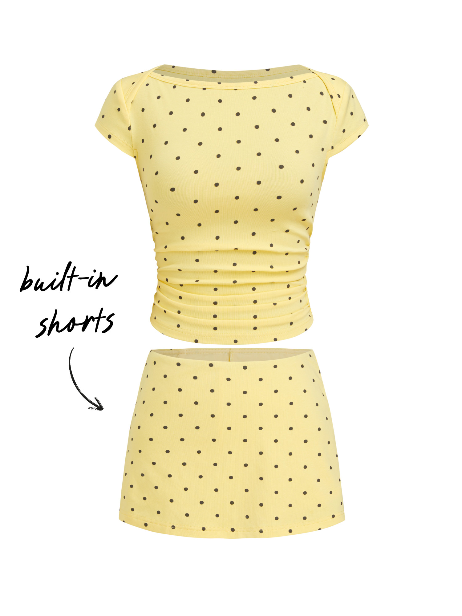 Knit Fabric Cotton-blend Boat Neck Polka Dot Ruched Tee & Mini Skort For Daily Casual | Cider