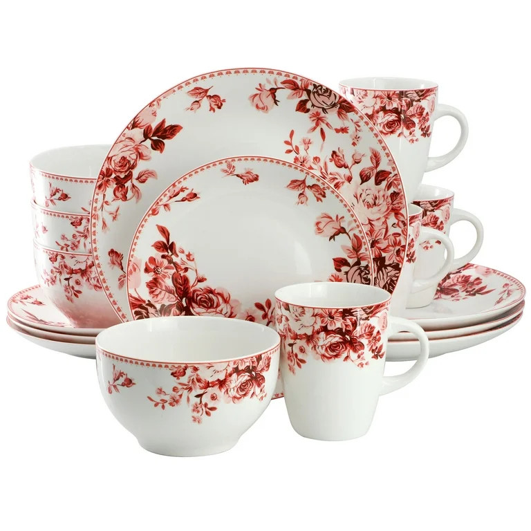 Elama Traditional Red Rose 16 Piece Stoneware Dinnerware Set - Walmart.com | Walmart (US)