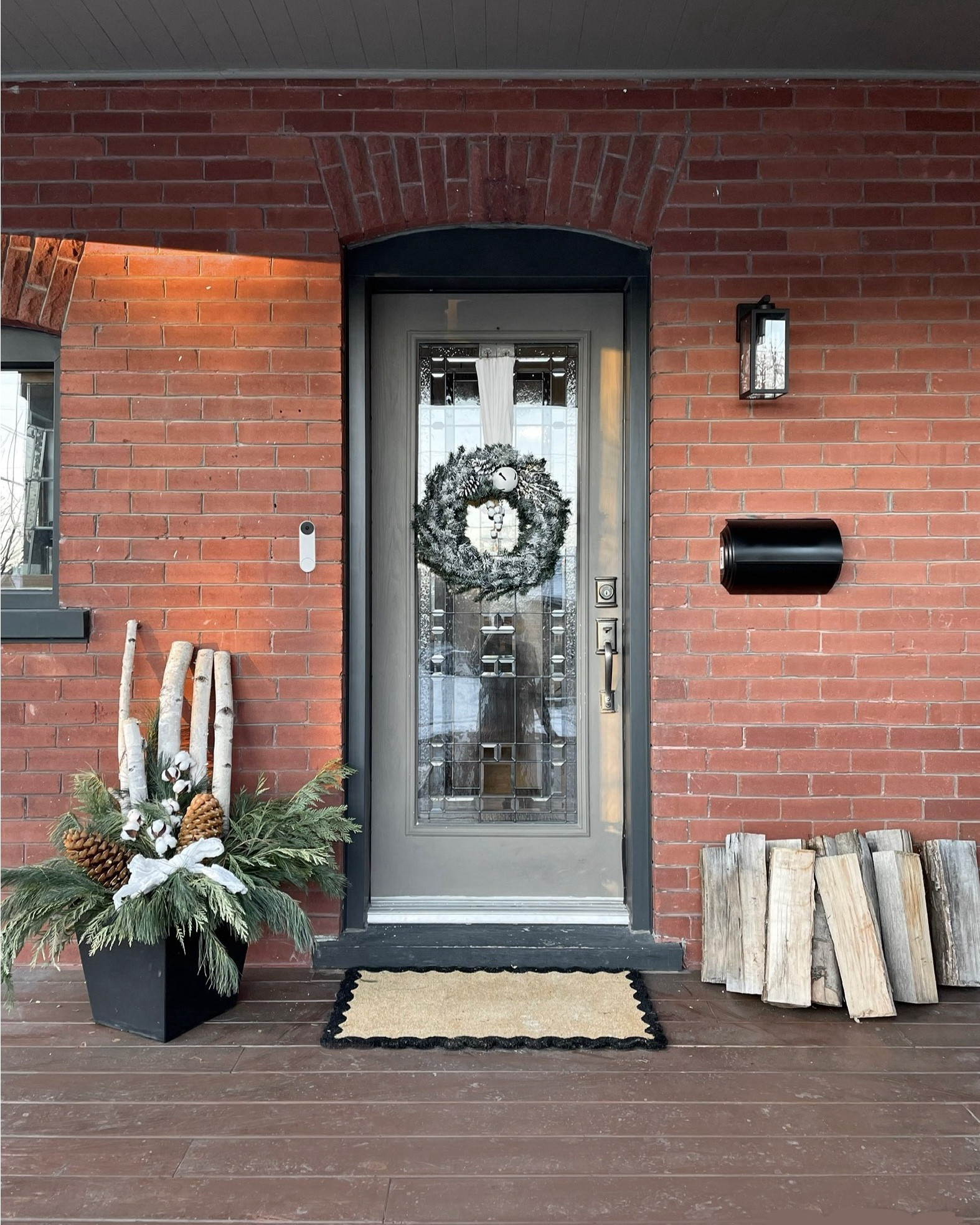 Front porch glow up - winter edition 

Small changes can make a big impact: We changed the light, spray painted the mailbox, exchanged the vintage bell for a smart Google doorbell, added some pretty accessories like a wreath, winter themed planter and a scalloped doormat. 

TO DO’s left: We might switch out the door handle to a black one with a digital code pad and painting the greige door the same colour as the frame. Maybe someday… not a high priority now ;)

#frontporchwintertheme #frontporchmakeover #frontporchglowup #frontdoorwinterdecor

#LTKwinter #LTKcanada
