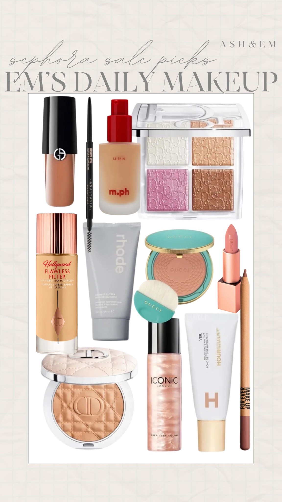 Em’s daily makeup on sale at Sephora! use code SPRINGSALE 

Foundation - Hourglass 7, Concealer - Huda - Sugar Biscuit, Setting powder - Dior, Cream contour - Dior (2) Bronze, Blush - Just Peachy, Eyeshadow - Armani (22) & Bobbi Brown Golden Pink, Lip liner - Makeup forever wherever walnut, Lip gloss - Makeuo by Mario Rosewater; fall beauty, Sephora, sephora sale, daily makeup, makeup routine, dior, highlight, skin tint, bronzer, blush stick, rhode, lip combo, lip gloss