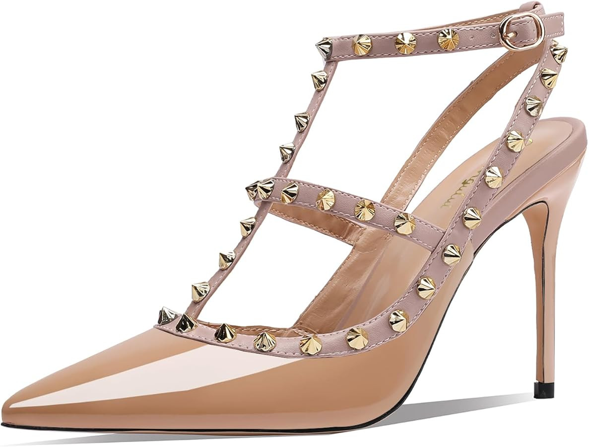 Womens Pointed Toe Rivets Ankle Strap Hollow Buckle Back Strap 3.9in Stiletto High Heels Sandals Parties Banquets Sexy Dressy Shoes | Amazon (US)