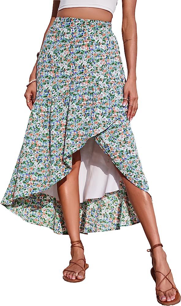 PRETTYGARDEN Womens Boho Floral Print Summer Dress Maxi Skirt High Low Ruffle Slit Casual High Wa... | Amazon (US)