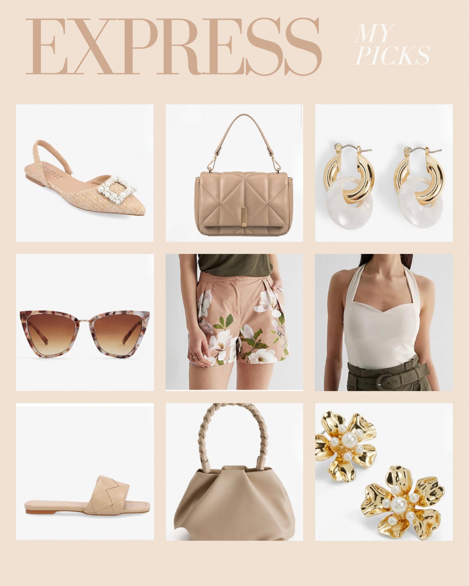 Express spring picks
Express fashion, spring fashion, neutral accessories, spring accessories, neutral handbag, neutral sandals, neutral dressy flats, gold flower earrings, gold hoop earrings, neutral cat eye sunglasses, halter top, floral shorts, work wear look


#LTKunder100 #LTKstyletip #LTKunder50