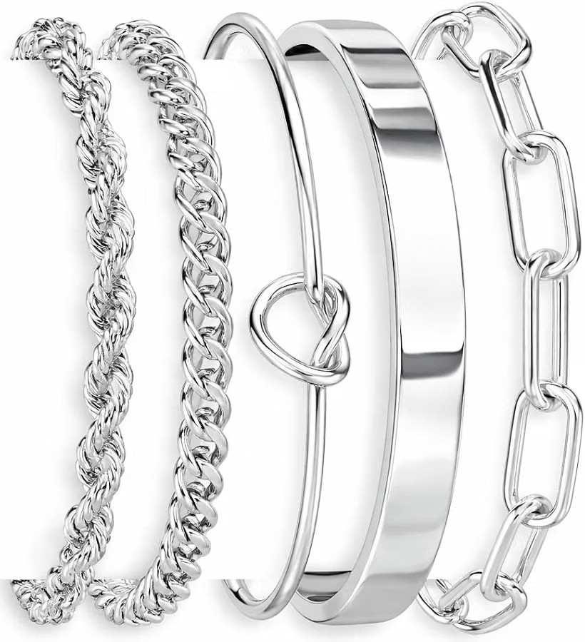 Sterling Silver Cuff Bangle Bracelet Set for Women Waterproof, Non Tarnish S925 Silver Chunky Cub... | Amazon (US)