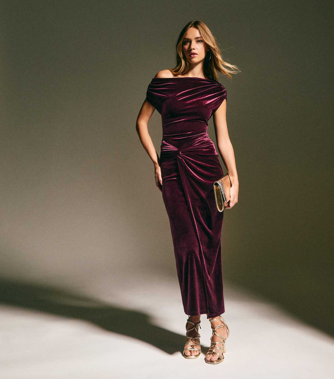 Dark Burgundy Velvet Off The Shoulder Knot Waist Maxi Dress | New Look | New Look (UK)