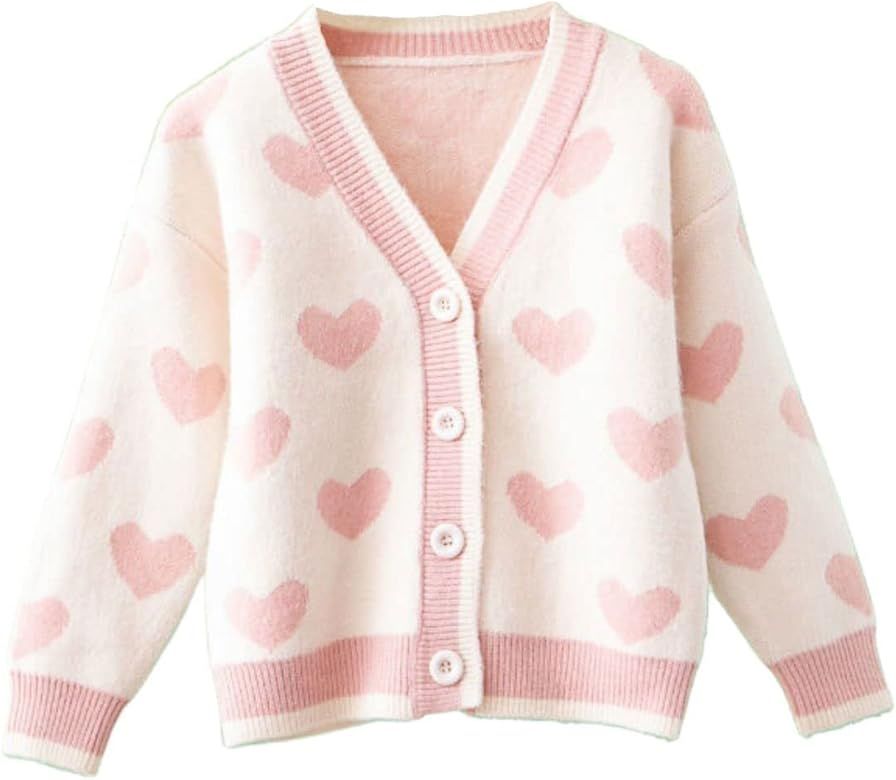 FindThy Girls Heart Print Cute Cardigan Long Sleeve V Neck Brushed Sweater Kawaii Cardigan Coat | Amazon (US)