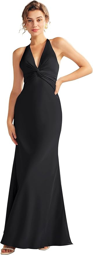 AW BRIDAL V-Neck Satin Bridesmaid Dress Long Formal Party Dress | Amazon (US)