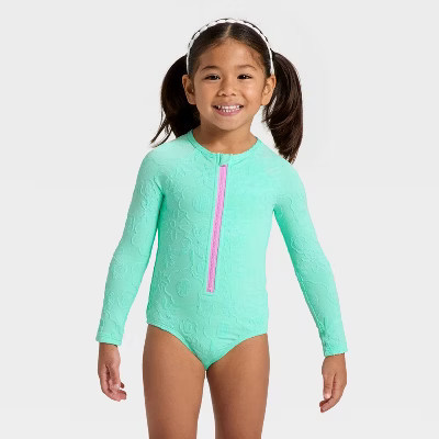 Toddler Girls' Long Sleeve One Piece Jacquard Floral Rash Guard Swimsuit - Cat & Jack™ Bright Aqua 5T | Target