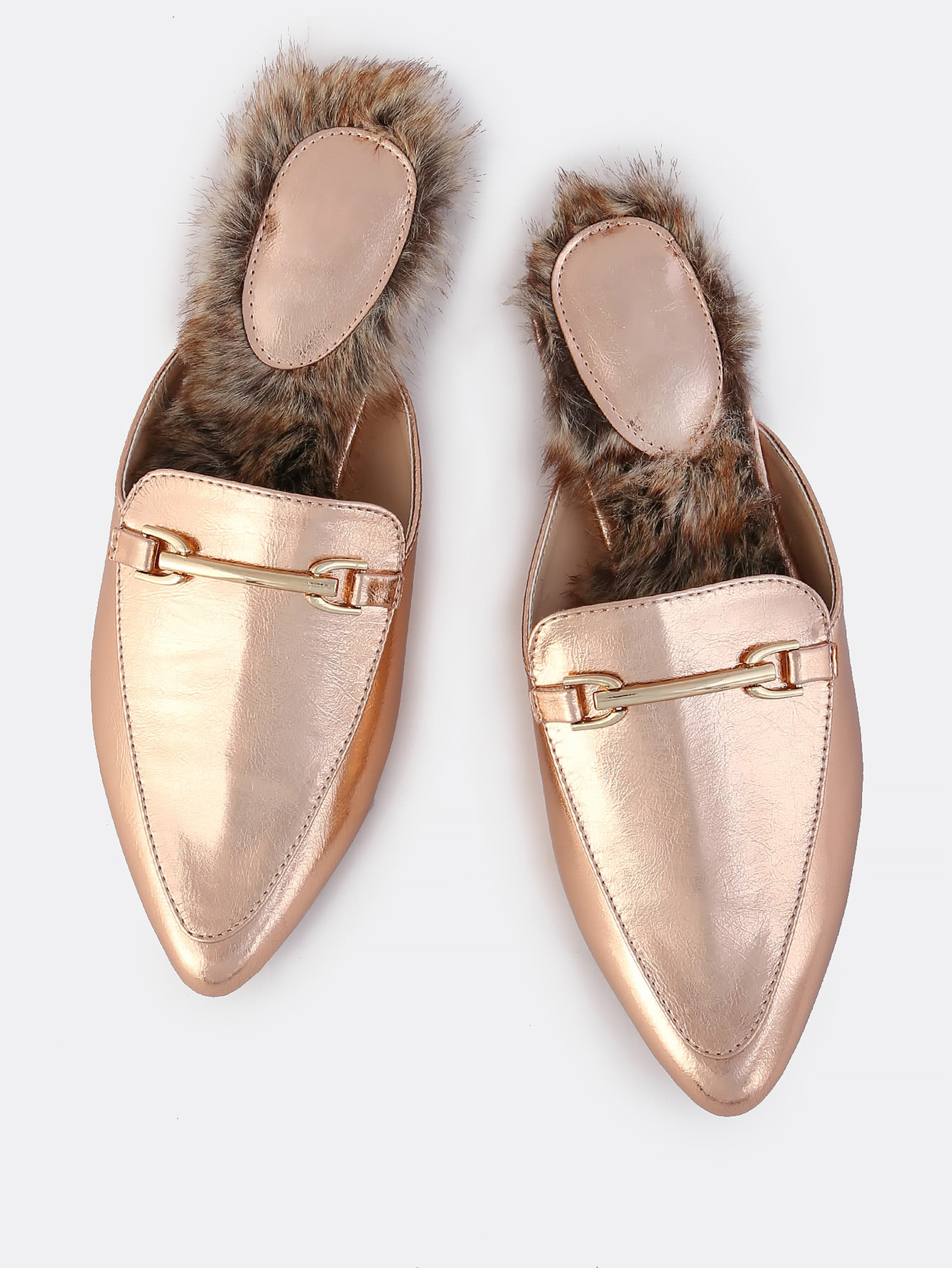 Backless Metallic Fur Slip Ons ROSE GOLD | MakeMeChic.com