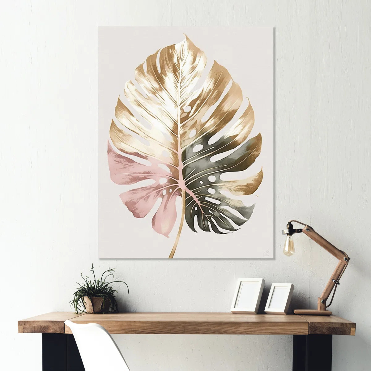 Bayou Breeze Gold and White Philodendron Leaf II - Print on Canvas | Wayfair | Wayfair North America