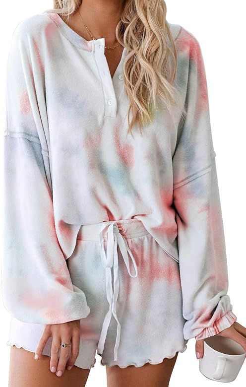 Women's Tie-Dye Pajama-Sets Long-Sleeve Tee Tops and Ruffle Short PJ Set Loungewear Nightwear Sle... | Amazon (US)