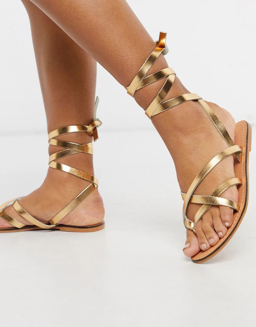 ASOS DESIGN Framed strappy leather sandal in gold | ASOS (Global)
