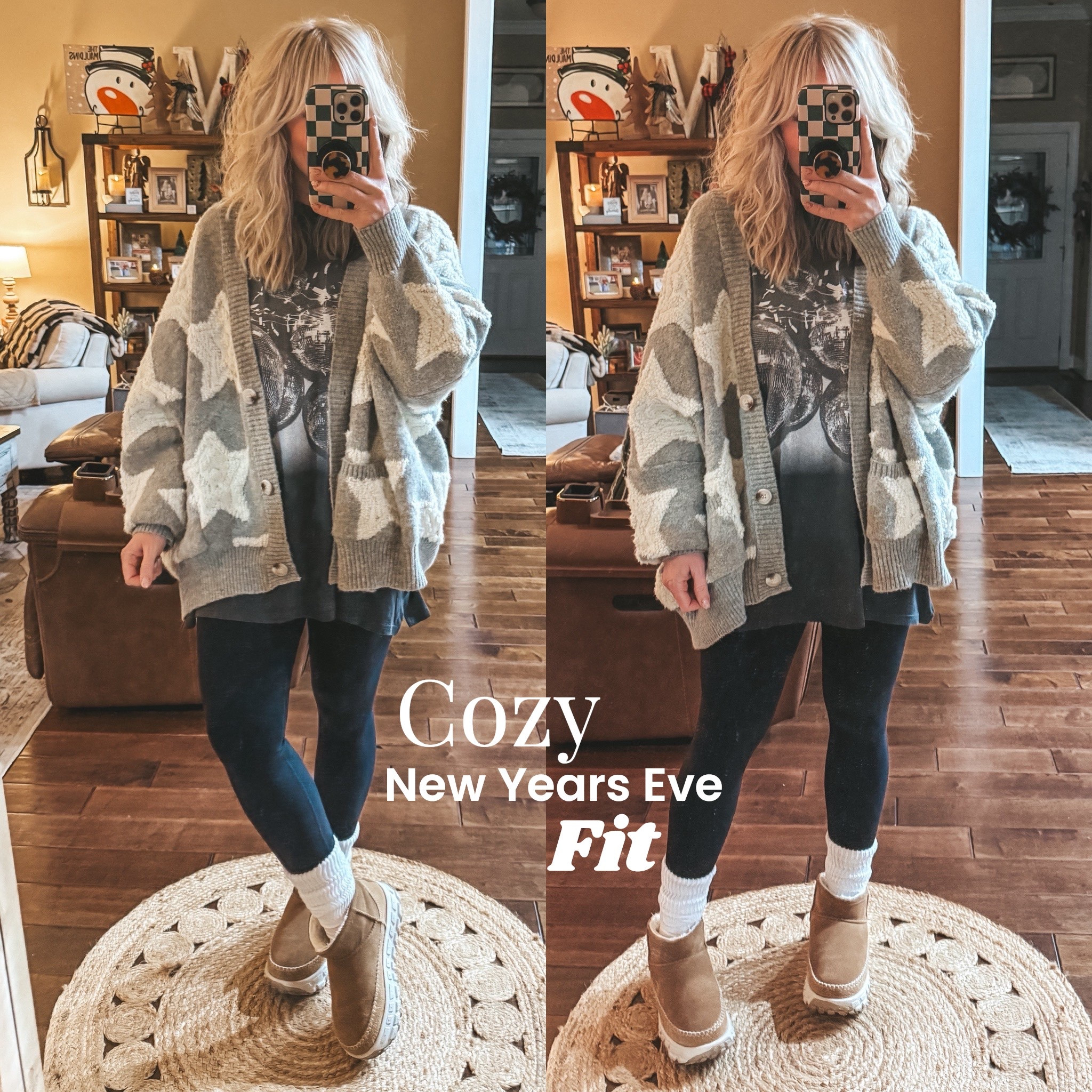 Happy New Years! My cozy fit at home tonight 🥰✨
Star cardigan M ( save with code NYE2025)
🪩 tshirt M
Faux leather leggings M

