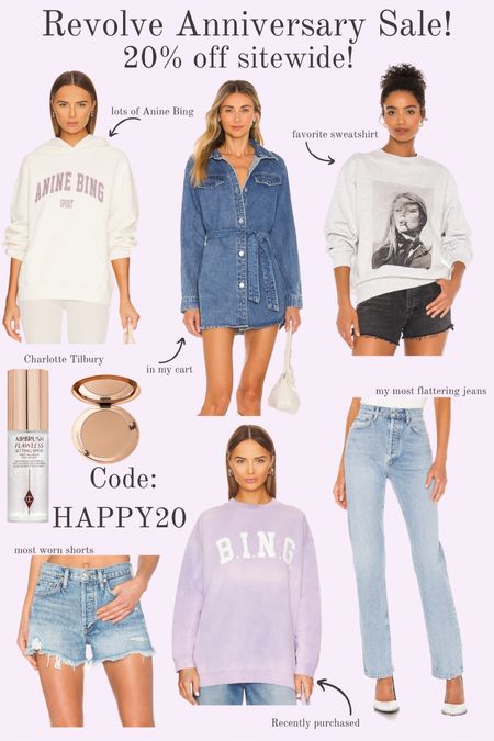 Revolve Anniversary Sale! 20% off site wide! You don’t want to miss this! I’ve link all my favorite things. 
Size in jeans/shorts: 26
Sweatshirts: Medium except for purple B.I.N.G I sized down to a small! 
Dress: small 

#LTKSale