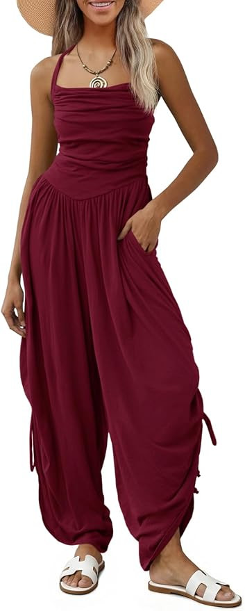 Fisoew Womens Casual Jumpsuits Summer Halter Straps Sleeveless Overalls Ruched Barrel Wide Leg Si... | Amazon (US)