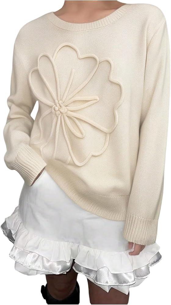 SweatyRocks Women's 3D Floral Appliques Sweaters Long Sleeve Crewneck Pullovers Trendy Knit Tops | Amazon (US)