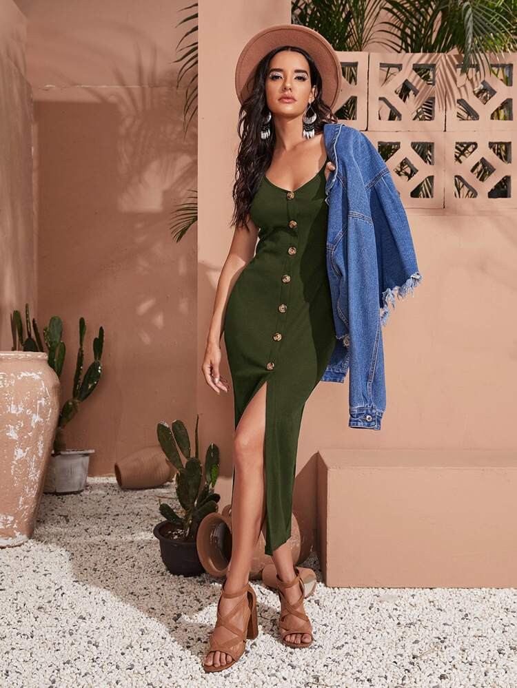 SHEIN Single Breasted Front Solid Dress | SHEIN