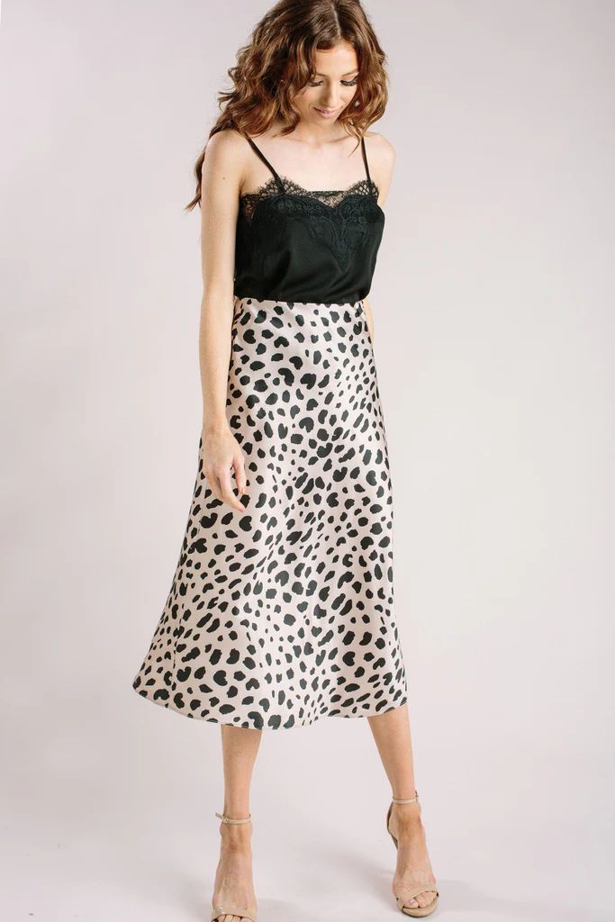 Reagan Beige Leopard Satin Midi Skirt | Morning Lavender