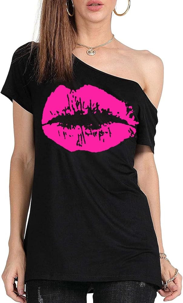 Off Shoulder T-Shirts for Women Sexy Lip Print Short Sleeve Tops Teen Girls Plus Size Graphic Tee... | Amazon (US)
