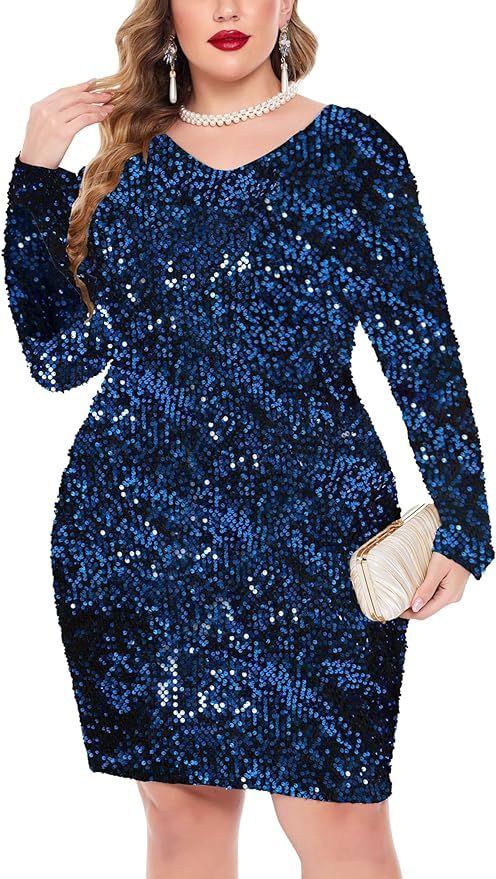 IN'VOLAND Womens Sequin Dress Plus Size V Neck Party Cocktail Sparkle Glitter Evening Stretchy Mi... | Amazon (US)