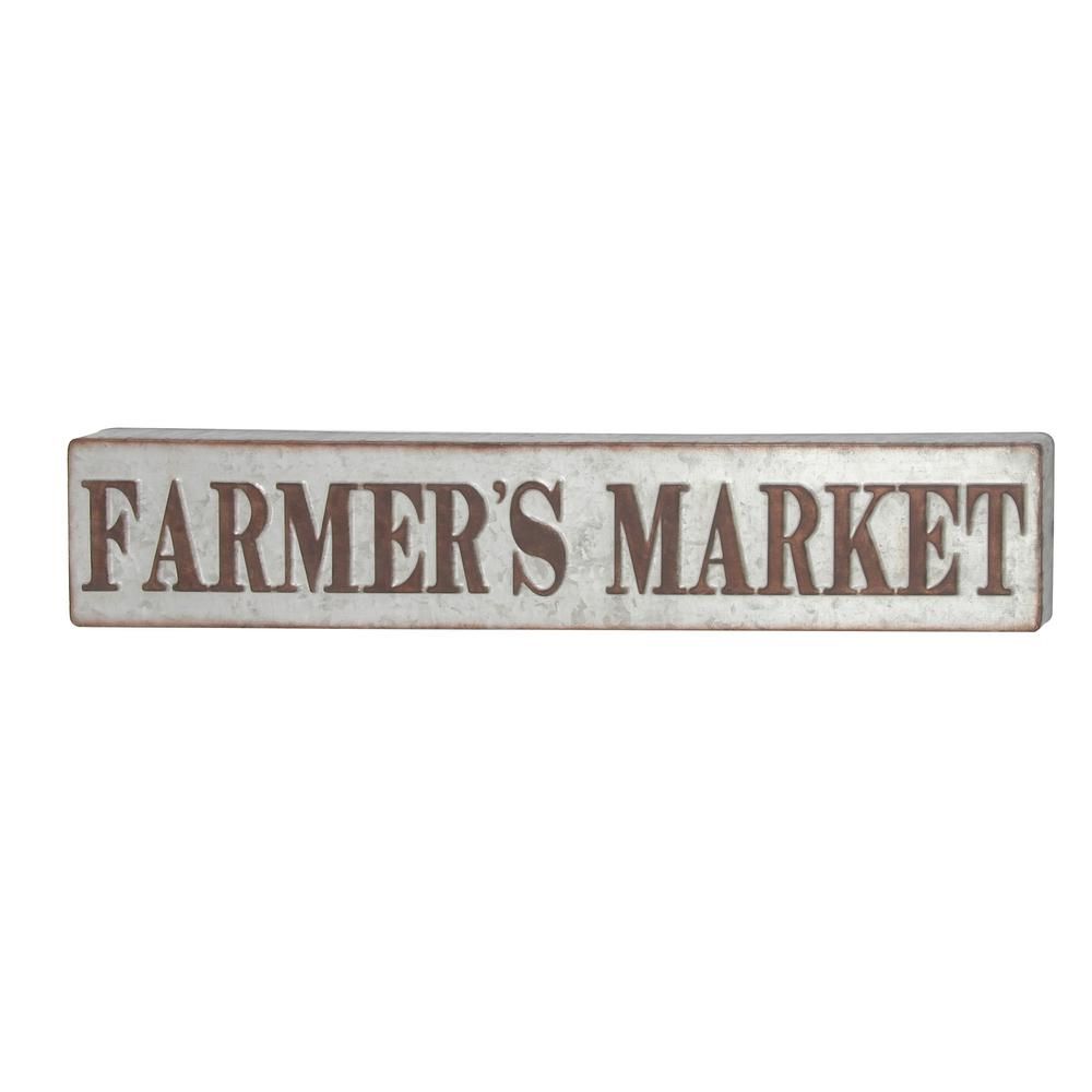 LITTON LANE 36 in. x 7 in. Pop Arts ""Farmer's Market"" Brown Metal Wall Sign, Grey | The Home Depot