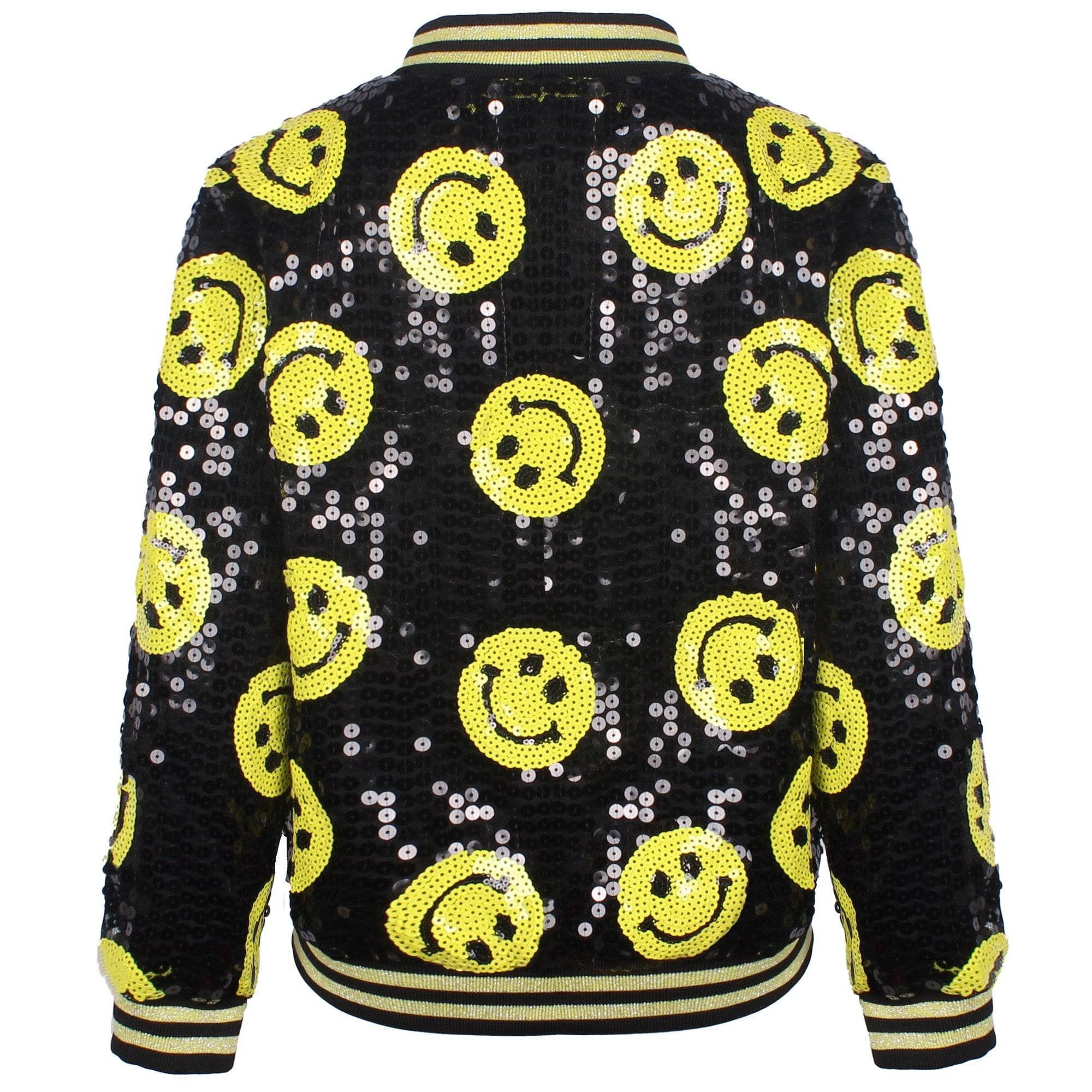 Don't Worry Be Happy Black Sequin Bomber | Lola + The Boys