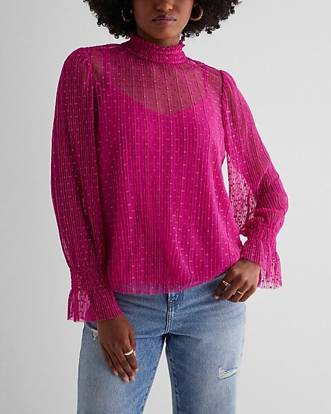 Sheer Dot Mock Neck Smocked Cuff Top | Express