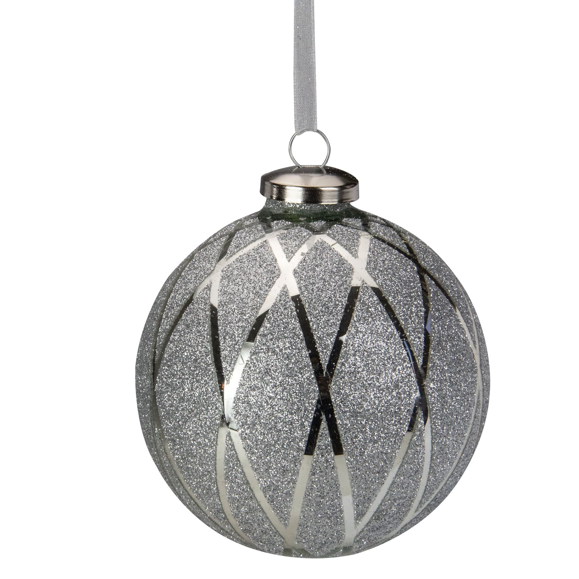 4" Silver Glitter Diamond Pattern Glass Ball Christmas Ornament | Walmart (US)