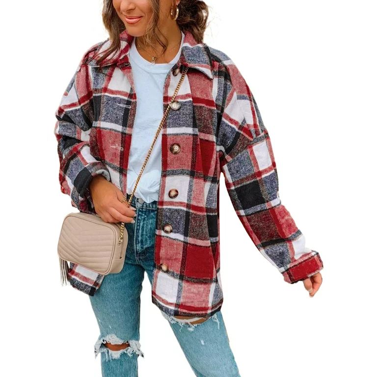 Happy Sailed Female Long Sleeve Plaid Shirts Jacket for Womens Flannel Lapel Button Down Shacket ... | Walmart (US)