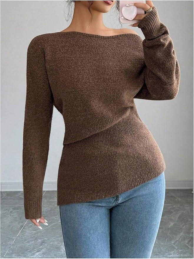 SHENHE Women's Off The Shoulder Sweater Long Sleeve Fall Knit Jumper Asymmetrical Sweater | Amazon (US)